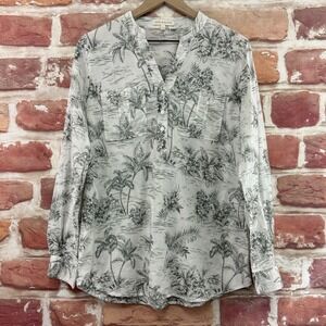 Anthropologie Eden & Olivia Top Women's L White Green Tropical Palm Tree Shirt